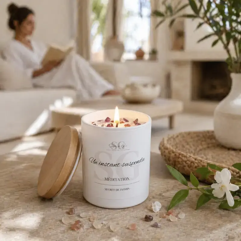 Bougie lithothérapie Un instant suspendu allumée au premier plan dans une pièce à vivre claire du sud de la France, avec une personne lisant sur un canapé en arrière-plan flouté