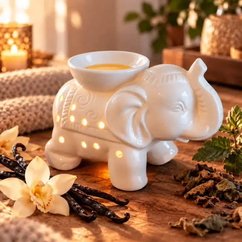 Brûleur éléphant en céramique avec cire fondue, gousses de vanille et patchouli dans une ambiance chaleureuse et enveloppante