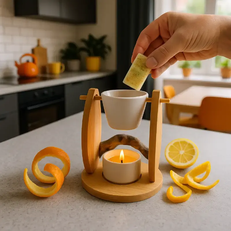 Main déposant un fondant parfumé dans un brûle-parfum en céramique, dans une cuisine lumineuse, pour parfumer la maison après le ménage de printemps.