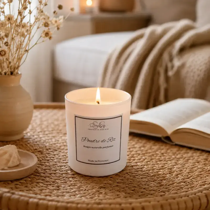 Bougie parfumée naturelle Poudre de Riz allumée au premier plan, dans une ambiance cosy avec livre ouvert, pour illustrer le bon temps de combustion d’une bougie.