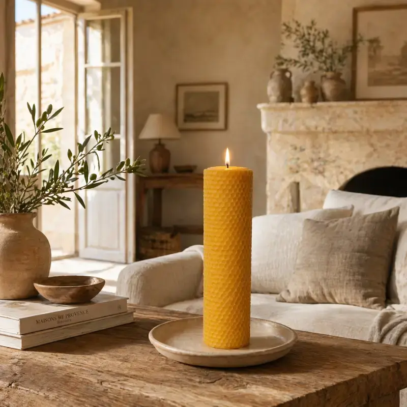 Bougie en cire d’abeille allumée posée sur une table en bois dans une pièce à vivre lumineuse de style mas provençal, à la décoration épurée et chaleureuse.