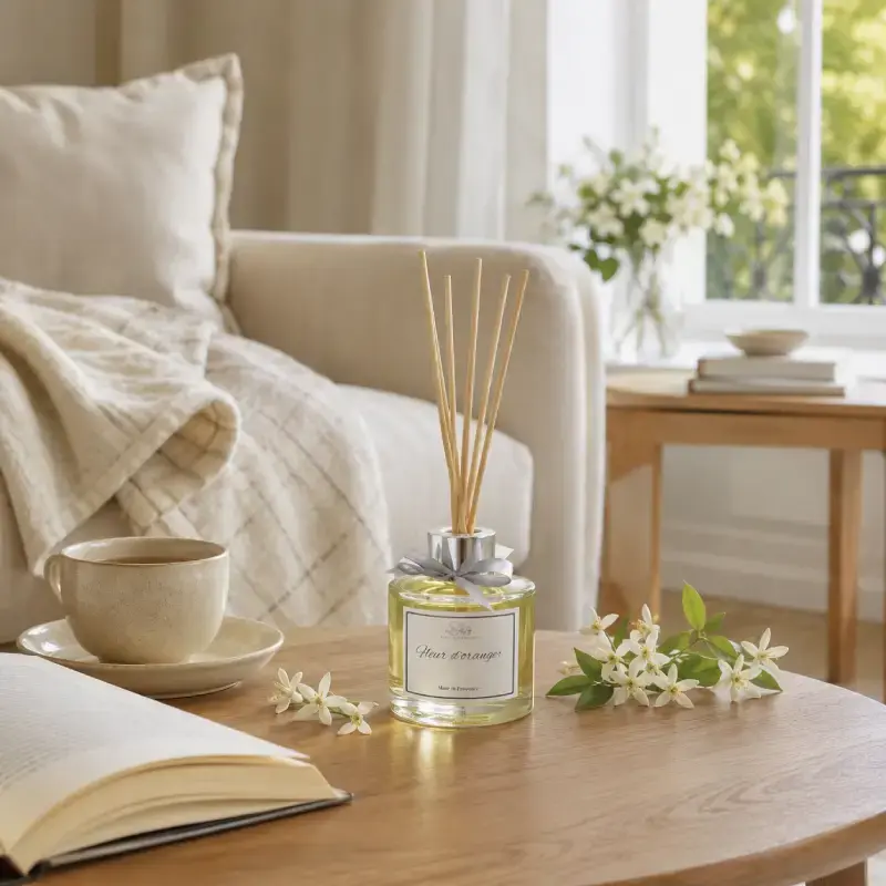 Salon lumineux et apaisant évoquant un parfum d’intérieur fleur d’oranger doux, rassurant et élégant toute l’année.