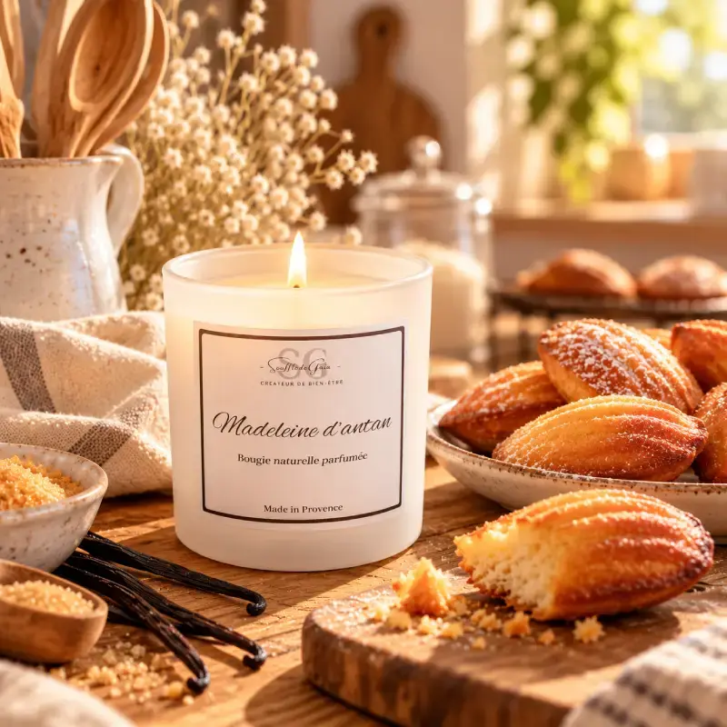 Bougie Madeleine d’Antan Souffle de Gaïa allumée, entourée de madeleines dans une ambiance chaleureuse et gourmande