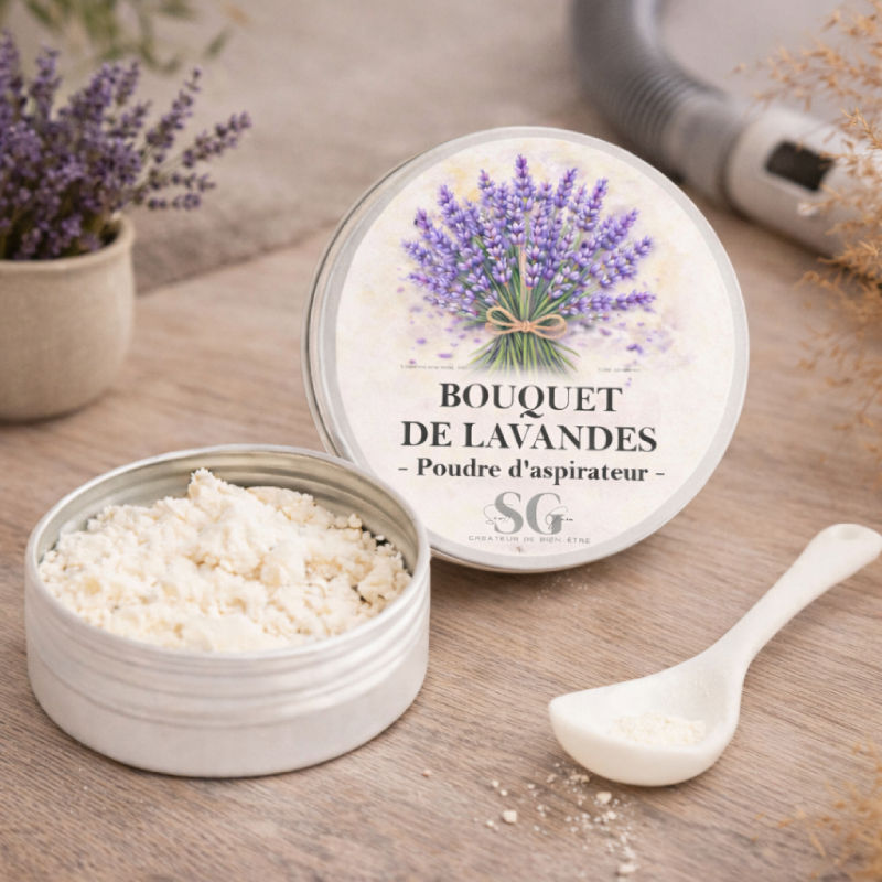 Poudre d’aspirateur artisanale senteur Bouquet de Lavandes, illustrant une collection fabriquée en France au positionnement sensoriel et qualitatif.