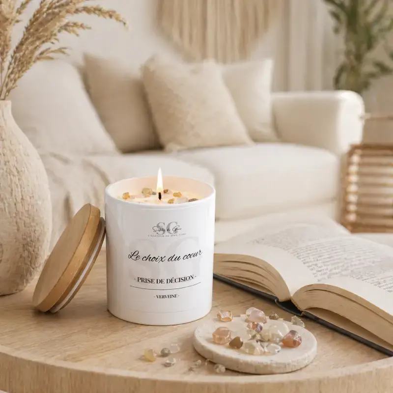 Bougie lithothérapie Le choix du cœur allumée sur une table basse en bois, à côté d’un livre ouvert, dans un salon bohème avec canapé blanc cassé en arrière-plan.