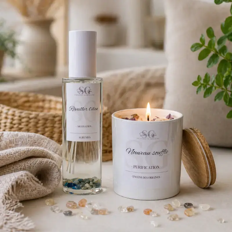 Bougie lithothérapie et spray d’intérieur aux pierres dans une ambiance douce et naturelle, pour choisir une synergie selon son besoin et son humeur