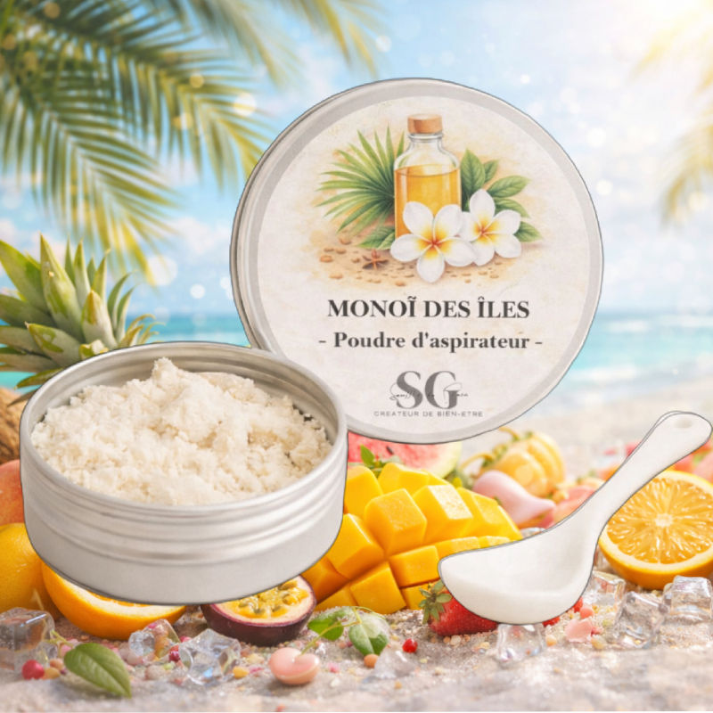 Poudre d’aspirateur aux senteurs fruitées et ensoleillées, illustrant une collection joyeuse, lumineuse et estivale pour la maison.