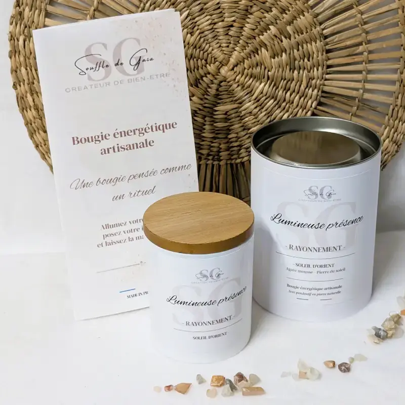 Bougie lithotherapie Lumineuse presence Rayonnement avec sa boite