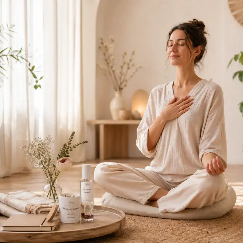 Bougie lithothérapie et spray d’intérieur Les pieds sur terre de Souffle de Gaïa, avec pierres d’ancrage, pour créer un rituel bien-être à la maison.