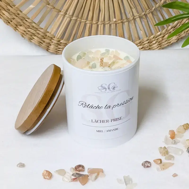 Bougie lithotherapie Relache la pression Lacher prise senteur miel amande