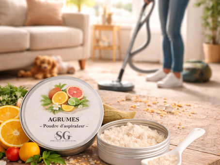 Poudre d’aspirateur parfumée utilisée pendant le ménage dans un salon lumineux pour parfumer la maison