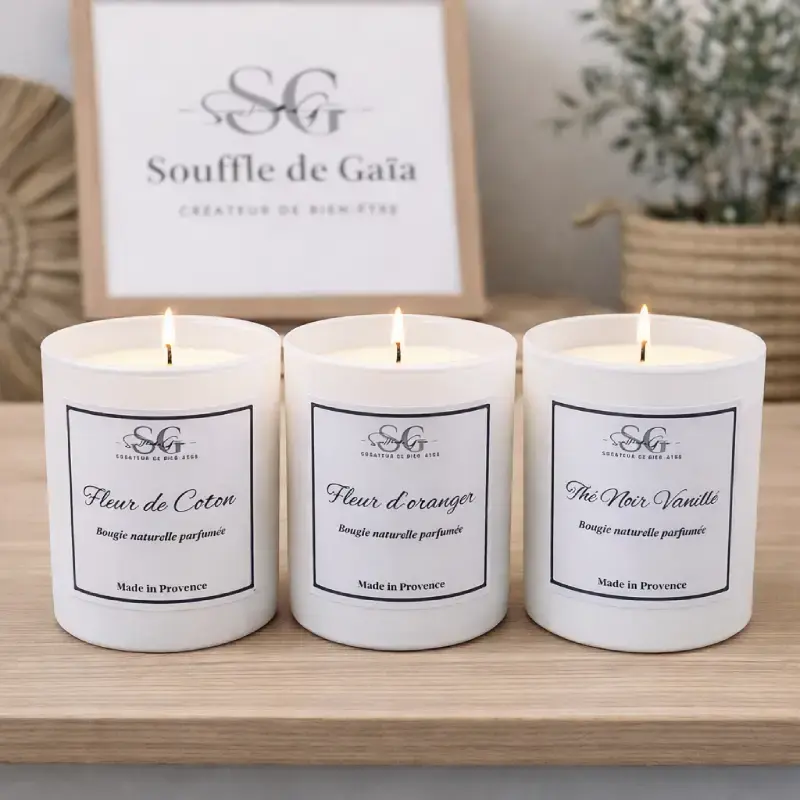 Trois bougies parfumées artisanales Souffle de Gaïa présentées dans un univers premium, collection conçue pour boutiques, concept stores et revendeurs professionnels.