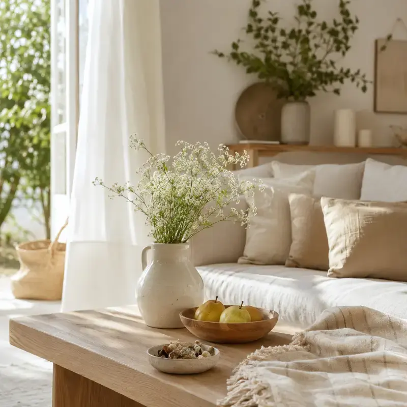 Salon lumineux et naturel avec table en bois, fleurs blanches, fruits discrets et linge clair pour illustrer une maison qui sent bon sans masquer les odeurs.
