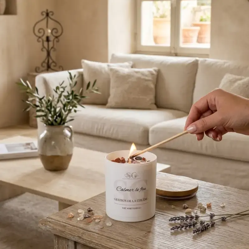 Main allumant la bougie lithothérapie Calmer le feu sur une table basse dans un salon clair et apaisant, pour illustrer un moment de calme et de recentrage à la maison.