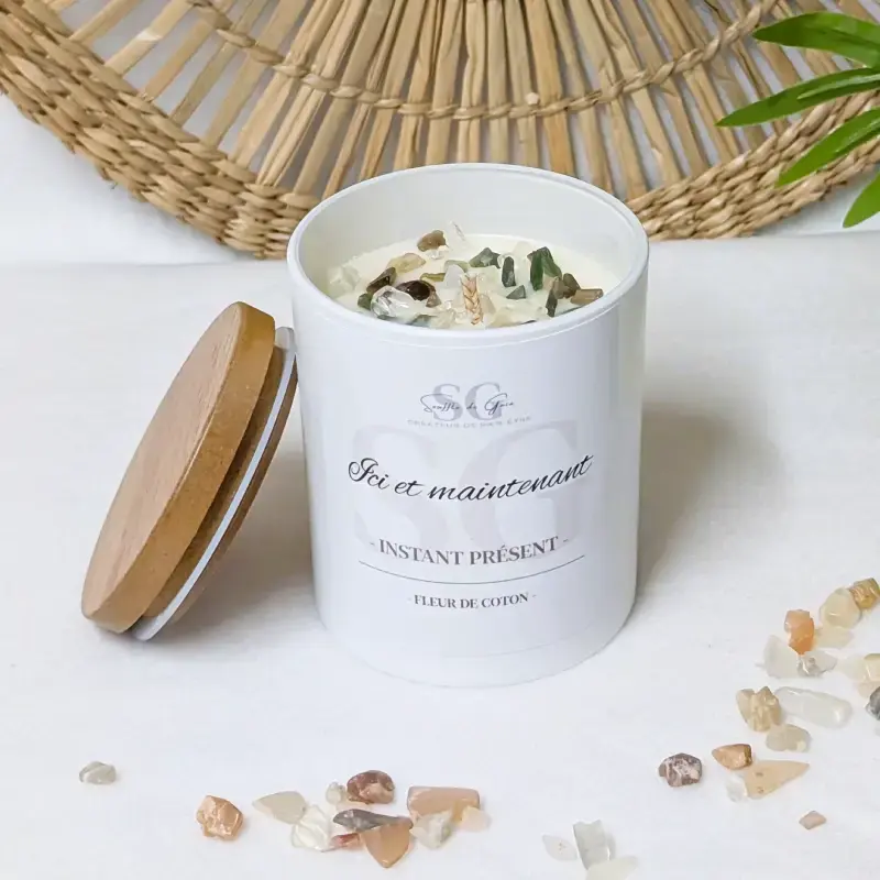 Bougie lithotherapie Ici et maintenant Instant present senteur fleur de coton