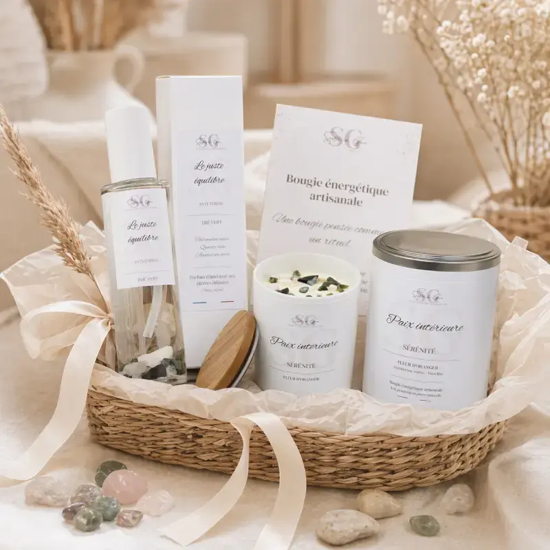 Pack rituel bien-être avec bougie lithothérapie, spray d’intérieur aux pierres, coffret et flyer explicatif dans une présentation cadeau douce et élégante