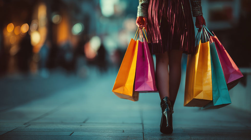 Woman carrying colorful shopping bags outdoors