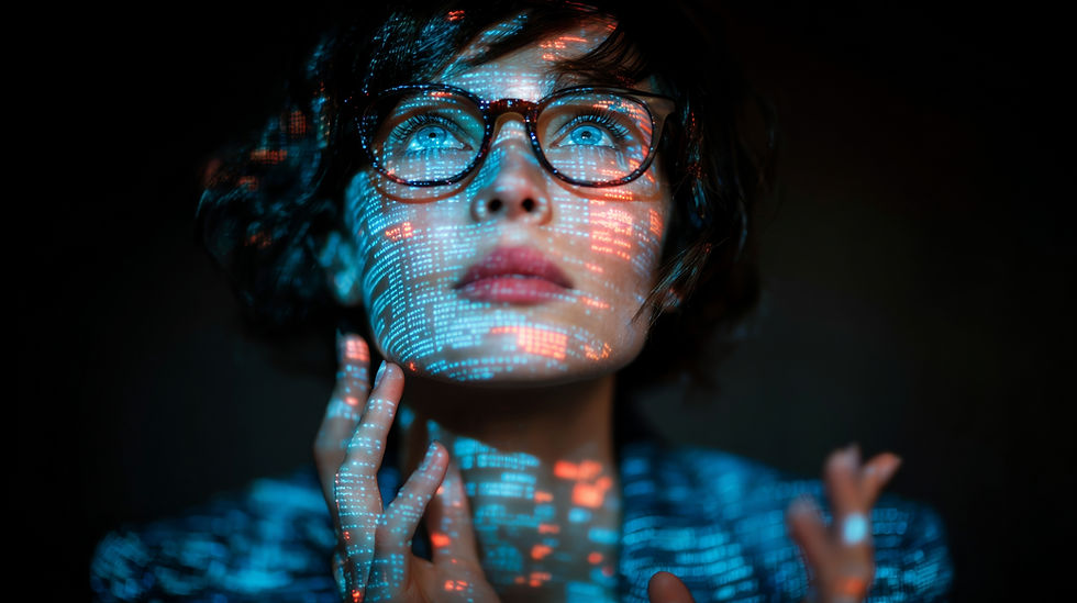 Woman with digital code projected on face and hands