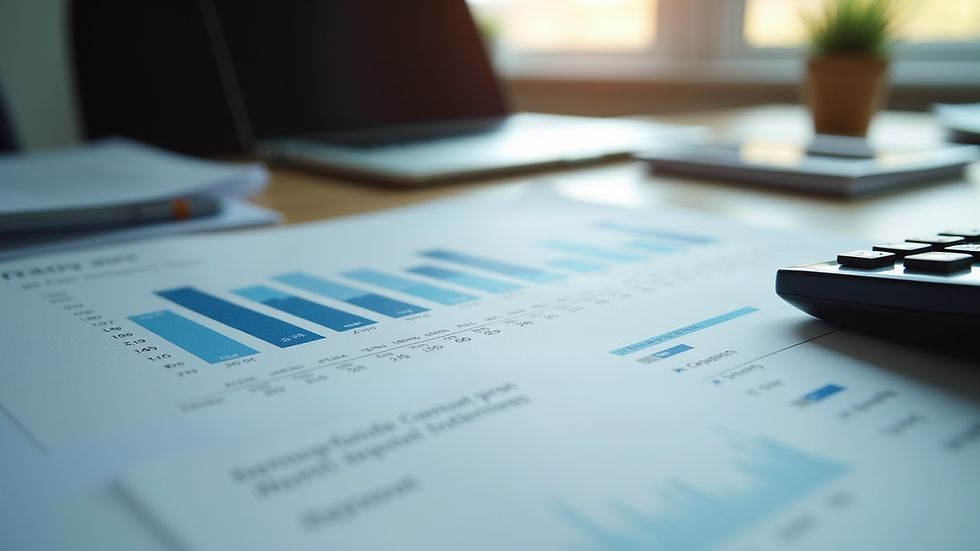 Eye-level view of office desk with financial reports and calculator