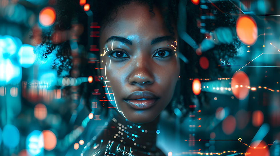 Woman with digital patterns on face, futuristic background