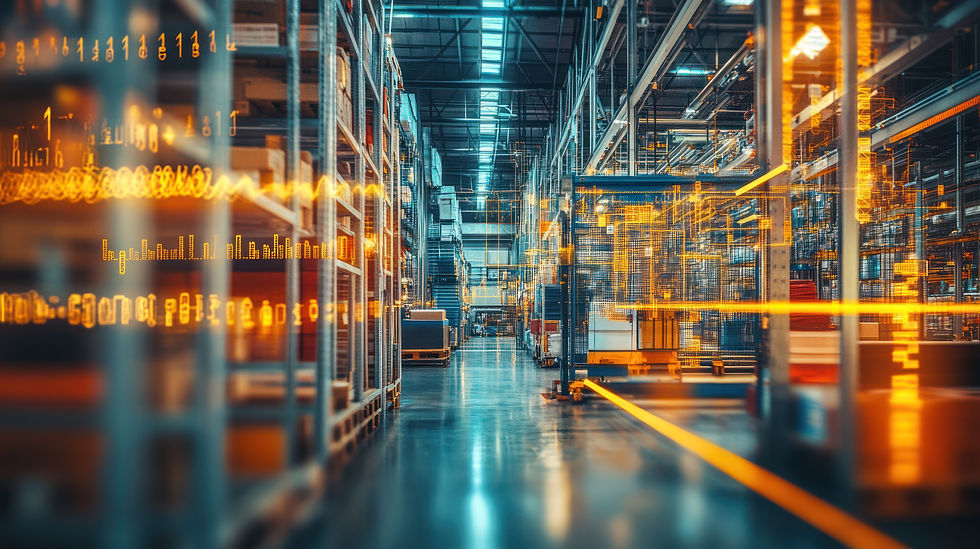 Large warehouse with glowing lights and stacked goods