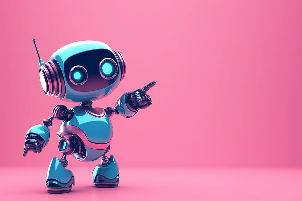 Cute blue AI robot/agent pointing against a pink background, with glowing eyes and a cheerful expression.
