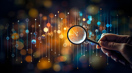 Hand holding magnifying glass over glowing, colorful data visualization with vertical lines and circles on a dark background.