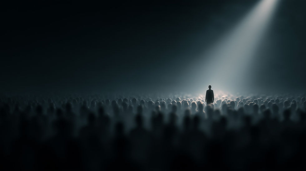Person in spotlight amidst shadowy crowd