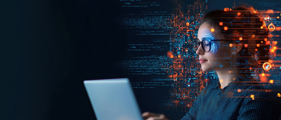Woman working on laptop with digital data streams