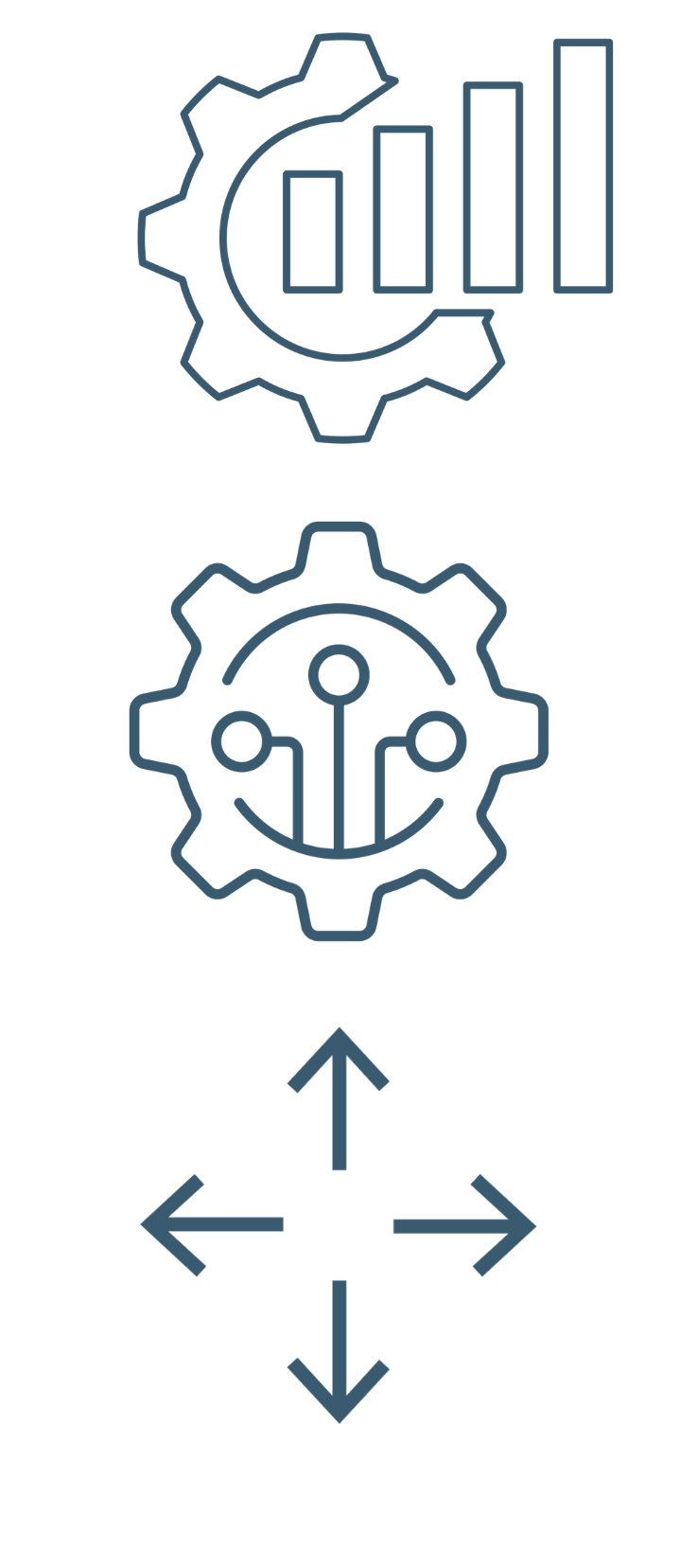 Gear icons for data analysis, technology, and navigation