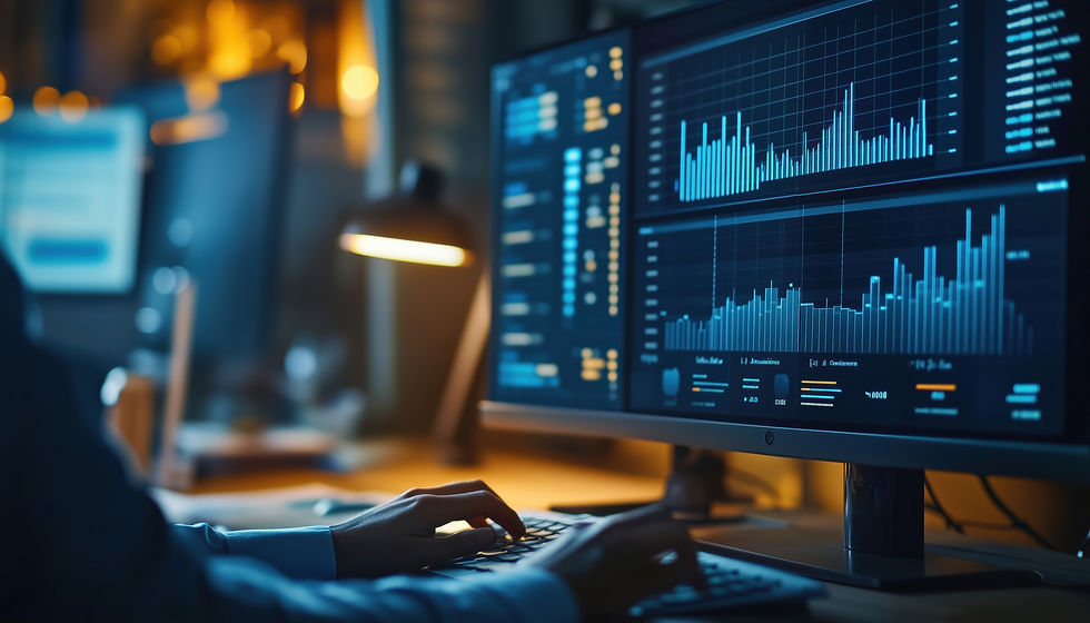 Hands typing at computer showing data analysis graphs