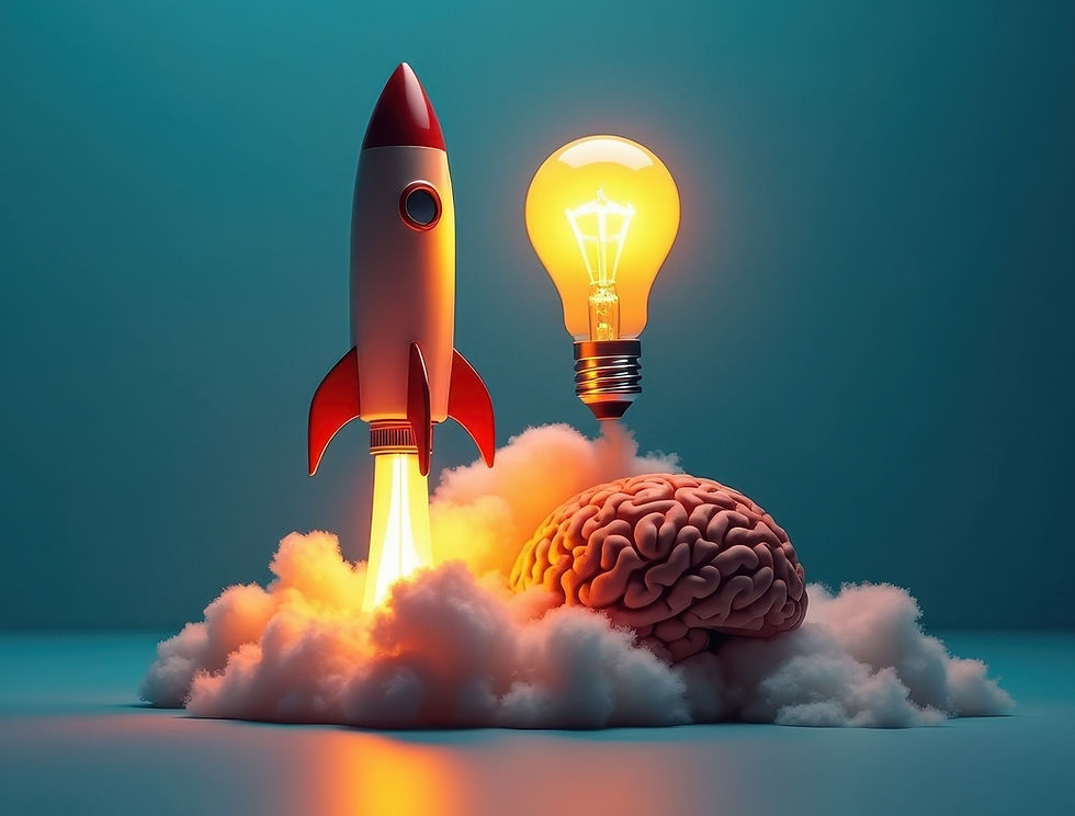 Rocket launching next to a brain and glowing lightbulb