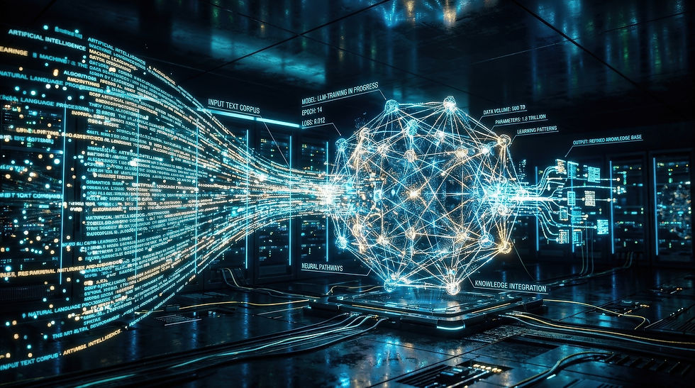 Digital data flowing into a complex neural network.