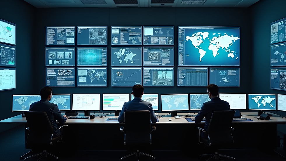 High angle view of a control room with multiple screens showing network operations