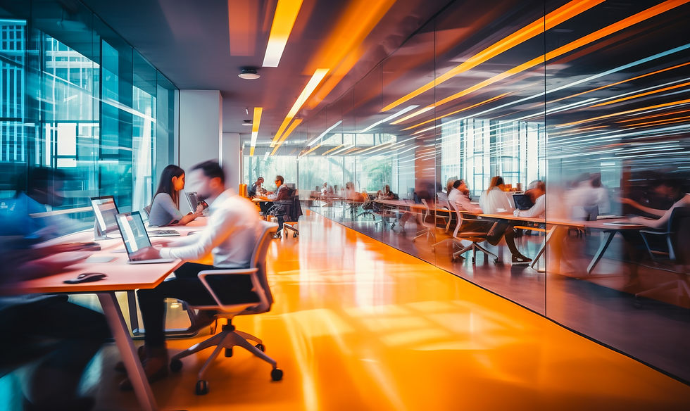 Busy office with motion blur and streaks of light