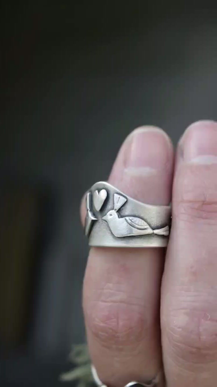 Miniature : Bague oiseaux folk en argent.