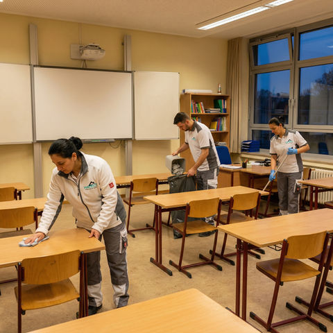 Reinigungsteam reinigt ein Klassenzimmer und wischt Tische, während der Boden gepflegt wird.