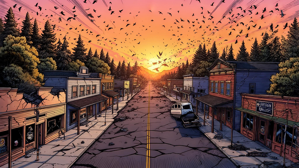 Empty small-town main street at sunset, cracked road and damaged storefronts under swarming birds, with forest beyond.
