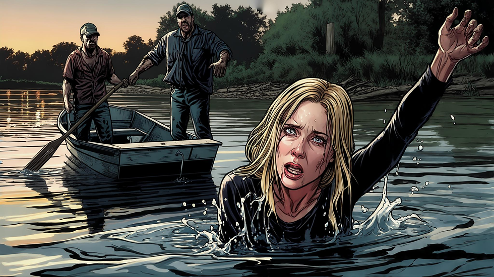 Blonde woman splashes in a river, arm raised in fear, while two men in a small boat watch at sunset near a wooded bank