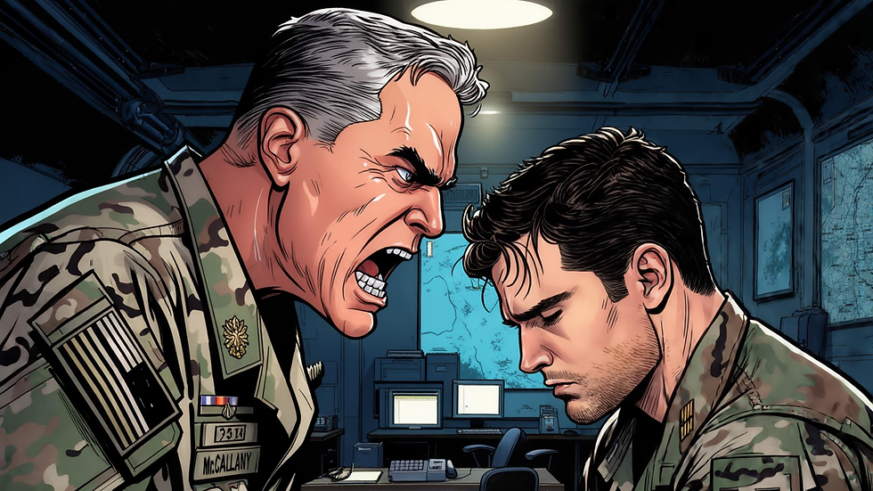 Angry older soldier yells at a younger soldier with head bowed in a dim command room with maps and glowing monitors.