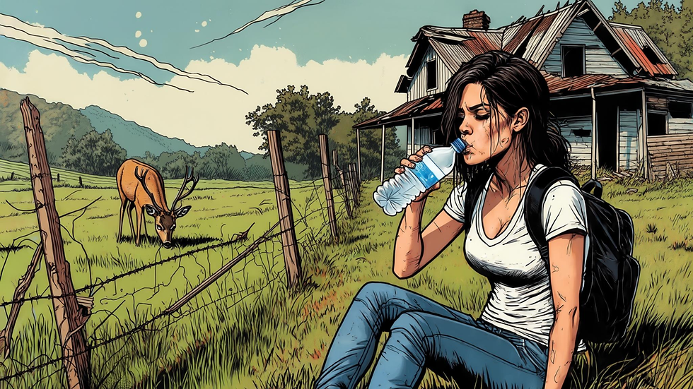 Young woman with backpack drinks water beside a fence in a grassy rural field, with a deer and an old farmhouse under a clear sky.