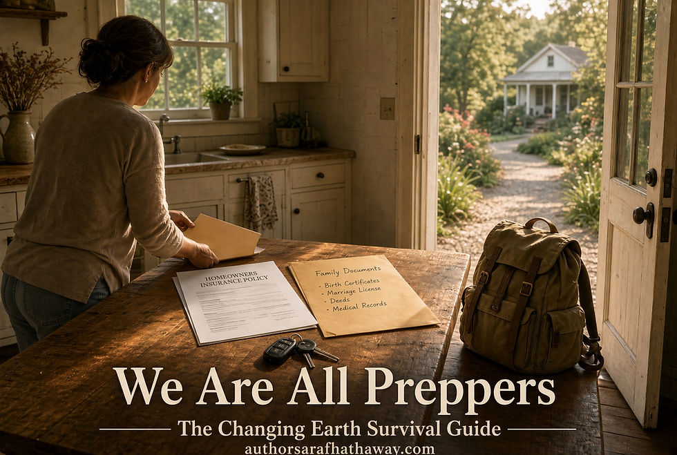 Woman packs documents on a kitchen table beside a backpack; visible text reads We Are All Preppers and The Changing Earth Survival Guide.