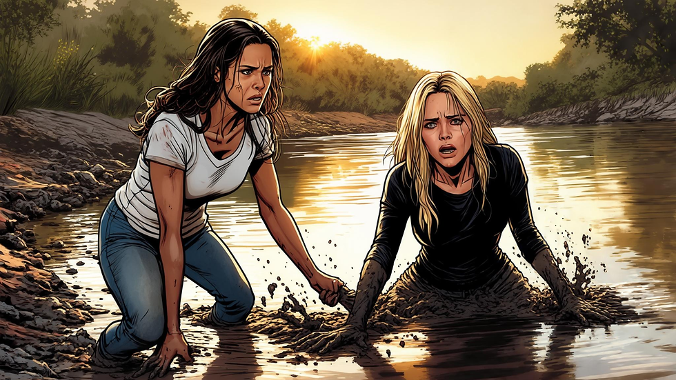 Two women kneel in a muddy river at sunset, one helping the other out, both looking worried.