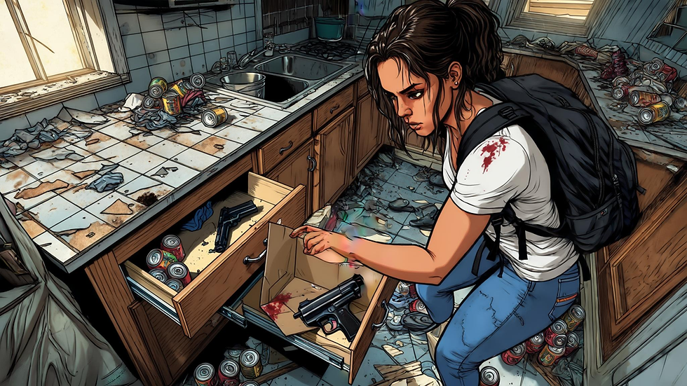 Woman in a messy kitchen opens drawers holding a pistol and bloodstained cardboard; soda cans and trash scatter the floor.