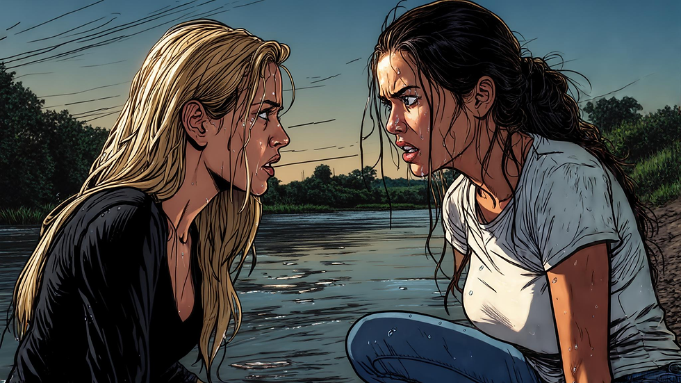 Two soaked women glare at each other by a river at dusk, faces tense and sweaty, with trees and a calm shoreline behind.
