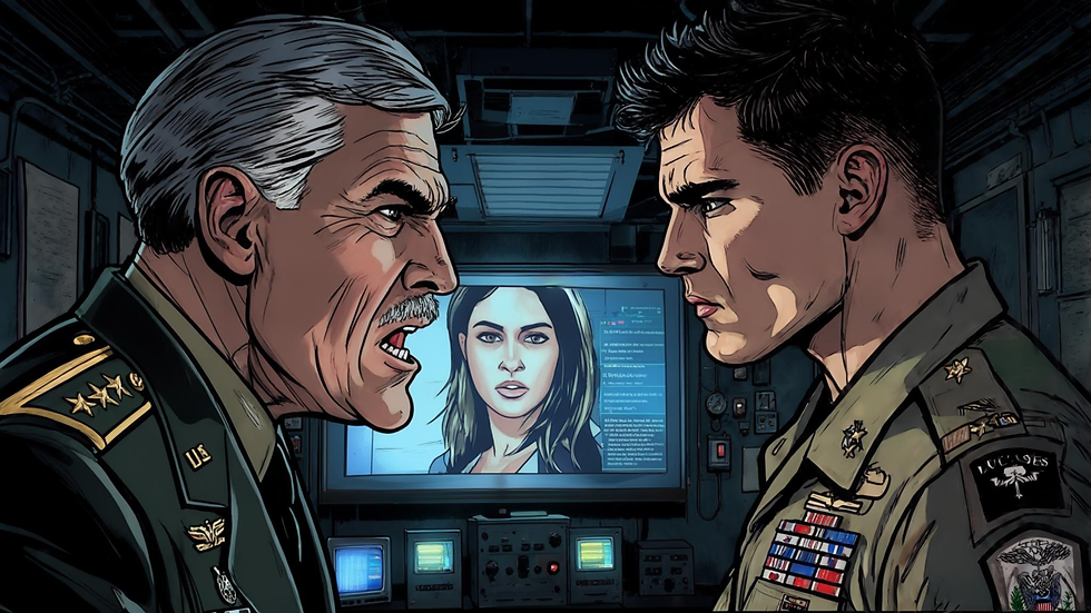 Two stern military officers face off in a dim control room, with a woman's portrait and text glowing on a central screen.