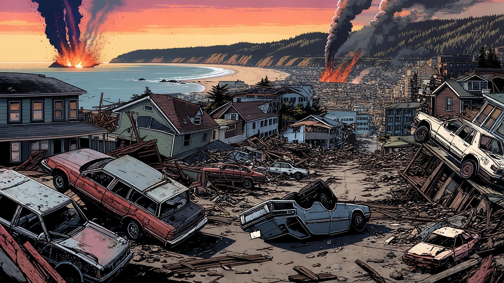Destroyed coastal town with overturned cars, rubble, smoke plumes, and fires along the shoreline at sunset.