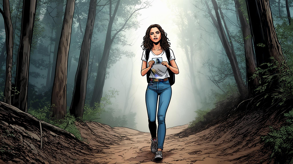 Young woman with backpack walks a misty forest trail, holding a photo, with sunlit trees and a calm, determined expression.