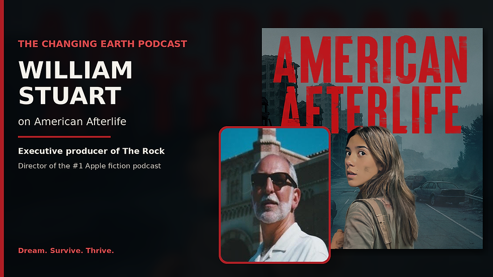 Podcast promo for William Stuart on American Afterlife, with a woman in a ruined street and an inset portrait of an older man.
