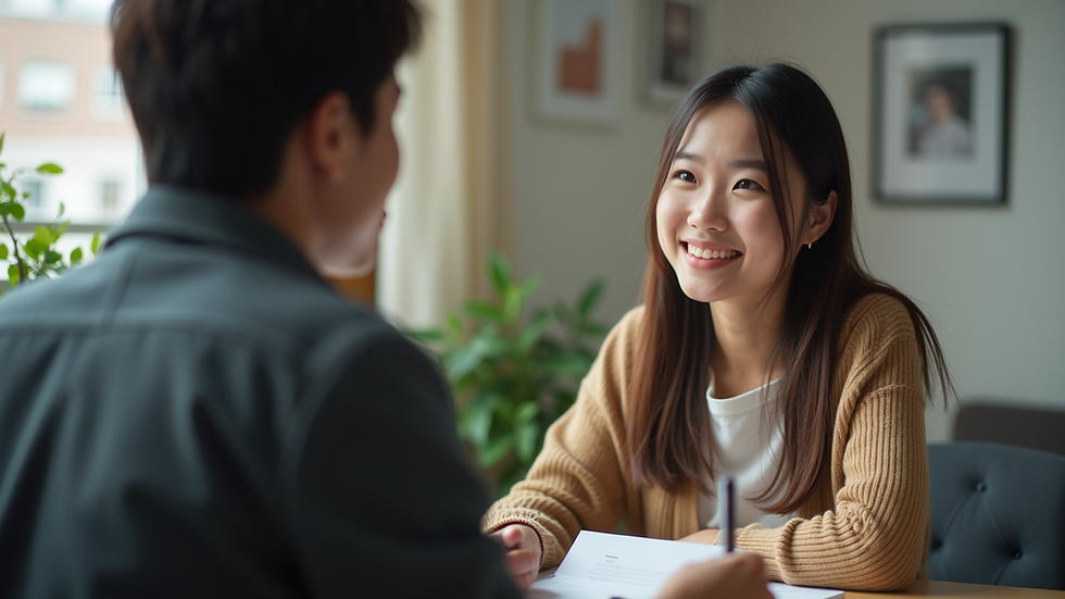Eye-level view of a person practicing English conversation with a language partner